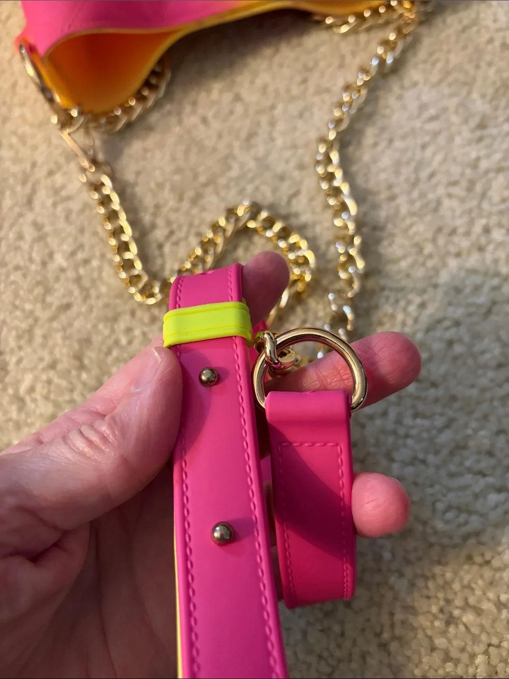 Vibrant Neon Yellow-Pink Quilted Jelly Bucket Bag With 2 Gold-Tone Chunky Straps